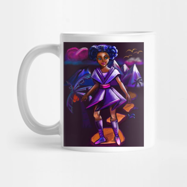 Anime girl with two puffs and lighting. Black afro anime girl in purple space fantasy scene ! beautiful  black girl with Braided hair, blue eyes, Cherry pink lips and dark brown skin. Hair love ! by Artonmytee